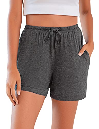 Sykooria Schlafanzughose Damen Kurz Pyjamahose Sporthose Kurz Sommer High Waist Kurze Hosen Nachtwäsche Shorts aus Baumwolle mit Taschen für Schlaf Sport Yoga, C-Dunkelgrau, L von Sykooria