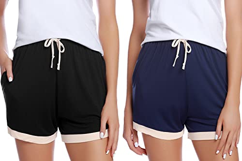 Sykooria Schlafanzughose Damen Kurz Pyjamahose Sporthose Kurz Sommer High Waist Kurze Hosen Nachtwäsche Shorts aus Baumwolle mit Taschen für Schlaf Sport Yoga, C-Schwarz+Navy blau, L von Sykooria