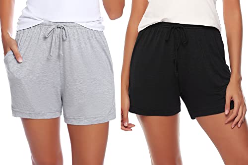 Sykooria Schlafanzughose Damen Kurz Pyjamahose Sporthose Kurz Sommer High Waist Kurze Hosen Nachtwäsche Shorts aus Baumwolle mit Taschen für Schlaf Sport Yoga, C-Schwarz+Grau, XL von Sykooria