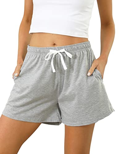 Sykooria Schlafanzughose Damen Kurz Pyjamahose Sporthose Kurz Sommer High Waist Kurze Hosen Nachtwäsche Shorts aus Baumwolle mit Taschen für Schlaf Sport Yoga, Grau, L von Sykooria