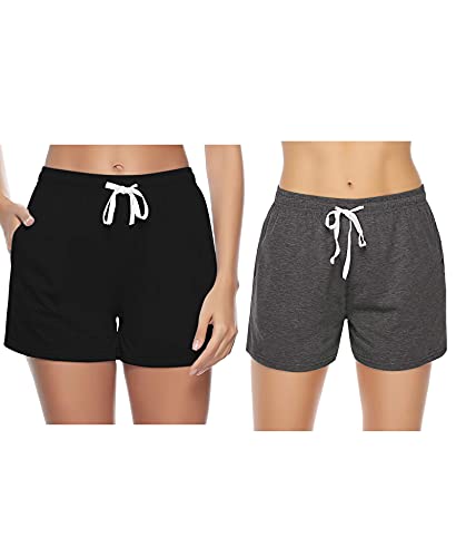 Sykooria Schlafanzughose Damen Kurz Pyjamahose Sporthose Kurz Sommer High Waist Kurze Hosen Nachtwäsche Shorts aus Baumwolle mit Taschen für Schlaf Sport Yoga, Schwarz+Dunkelgrau, L von Sykooria