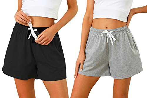 Sykooria Schlafanzughose Damen Kurz Pyjamahose Sporthose Kurz Sommer High Waist Kurze Hosen Nachtwäsche Shorts aus Baumwolle mit Taschen für Schlaf Sport Yoga, Schwarz+Grau, L von Sykooria