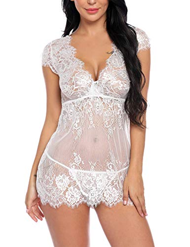 Sykooria Sexy Dessous Damen Babydoll Reizwäsche Nachthemd Kurz Damen Unterwäsche Sexy Set Negligee Lingerie V-Ausschnitt Transluzente Spitze Sleepwear Kleid mit Tanga Valentinstag, Weiß, XL von Sykooria