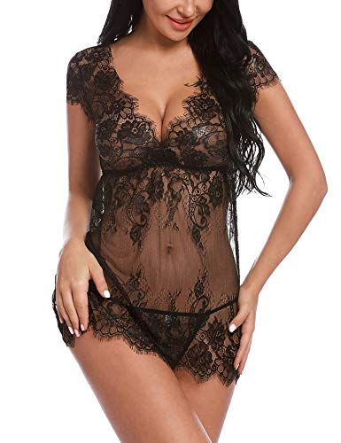 Sykooria Sexy Dessous Damen Babydoll Reizwäsche Nachthemd Kurz Damen Unterwäsche Sexy Set Negligee Lingerie V-Ausschnitt Transluzente Spitze Sleepwear Kleid mit Tanga Valentinstag, Schwarz, XL von Sykooria