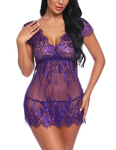 Sykooria Sexy Dessous Damen Babydoll Reizwäsche Nachthemd Kurz Damen Unterwäsche Sexy Set Negligee Lingerie V-Ausschnitt Transluzente Spitze Sleepwear Kleid mit Tanga Valentinstag, Lila, L von Sykooria