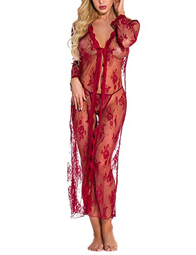 Sykooria Sexy Dessous Damen V-Ausschnitt Transluzente Spitze Kimono Reizwäsche Nachthemd Unterwäsche Sexy Set Negligee Sleepwear Kleid mit Tanga, Weinrot XL von Sykooria