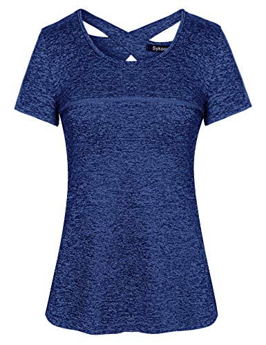 Sykooria Damen Sportshirt Kurzärmliges Sport T-Shirt mit Rundhalsausschnitt Leicht Atmungsaktiv Trainingsshirt Fitness Shirt Gym Yoga Tops, Königsblau XXL von Sykooria