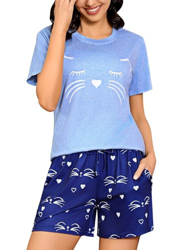 Sykooria Sommer Pyjama Damen Kurz, Zweiteilige Schlafanzug Damen Kurz Baumwolle Nachtwäsche Damen Pyjama Set Shirt & Shorts, Hellblau M von Sykooria