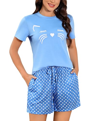 Sykooria Sommer Pyjama Damen Kurz, Zweiteilige Schlafanzug Damen Kurz Baumwolle Nachtwäsche Damen Pyjama Set Shirt & Shorts, Katze Blau 2, S von Sykooria