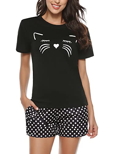 Sykooria Sommer Pyjama Damen Kurz, Zweiteilige Schlafanzug Damen Kurz Baumwolle Nachtwäsche Damen Pyjama Set Shirt & Shorts, Katze Schwarz S von Sykooria