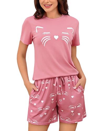 Sykooria Sommer Pyjama Damen Kurz, Zweiteilige Schlafanzug Damen Kurz Baumwolle Nachtwäsche Damen Pyjama Set Shirt & Shorts, Rosa Tupfen, L von Sykooria