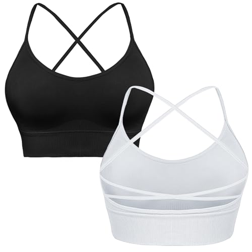 Sykooria Sport BH Damen Gepolstert Bustier Damen BH ohne Buegel Spaghettiträger Cross Back Design Push up BH Sport Bra Top für Yoga Fitness, 295-2pcs (Schwarz+Weiß), L von Sykooria