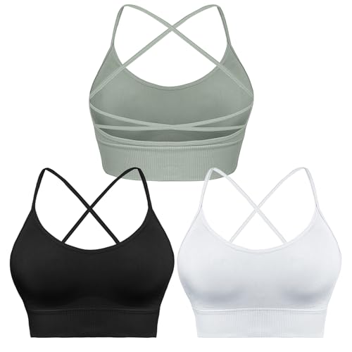 Sykooria Sport BH Damen Gepolstert Bustier Damen BH ohne Buegel Spaghettiträger Cross Back Design Push up BH Sport Bra Top für Yoga Fitness, 295-3pcs (Schwarz+Weiß+Grün), L von Sykooria