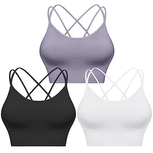 Sykooria Sport BH Damen Gepolstert Bustier Damen BH ohne Buegel Spaghettiträger Cross Back Design Push up BH Sport Bra Top für Yoga Fitness, Schwarz+Weiß+Violett L von Sykooria