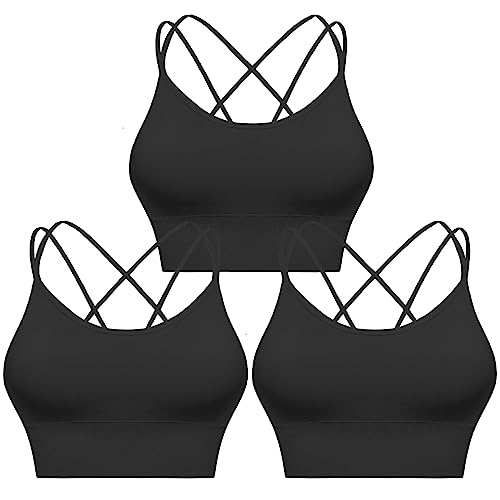 Sykooria Sport BH Damen Gepolstert Bustier Damen BH ohne Buegel Spaghettiträger Cross Back Design Push up BH Sport Bra Top für Yoga Fitness, Schwarz 3 PCS L von Sykooria