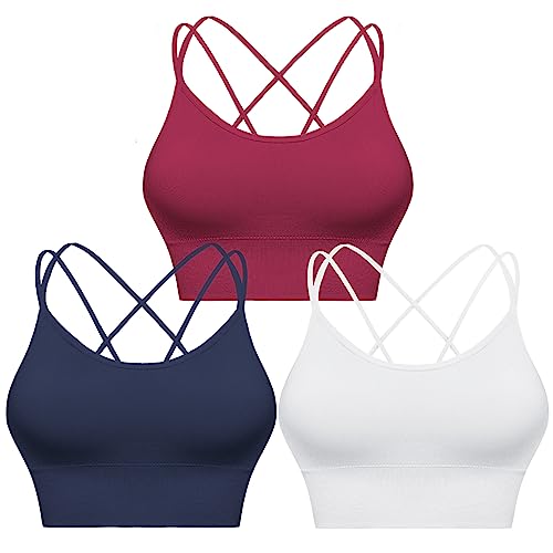 Sykooria Sport BH Damen Gepolstert Bustier Damen BH ohne Buegel Spaghettiträger Cross Back Design Push up BH Sport Bra Top für Yoga Fitness, Weiß+Blau+Weinrot L von Sykooria