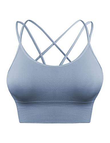 Sykooria Sport BH Damen Gepolstert Bustier Damen BH ohne Buegel Spaghettiträger Cross Back Design Push up BH Sport Bra Top für Yoga Fitness, Hellblau XL von Sykooria