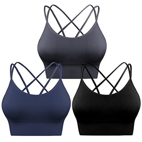 Sykooria Sport BH Damen Gepolstert Bustier Damen BH ohne Buegel Spaghettiträger Cross Back Design Push up BH Sport Bra Top für Yoga Fitness, Schwarz+Dunkelgrau+Dunkelblau, L von Sykooria