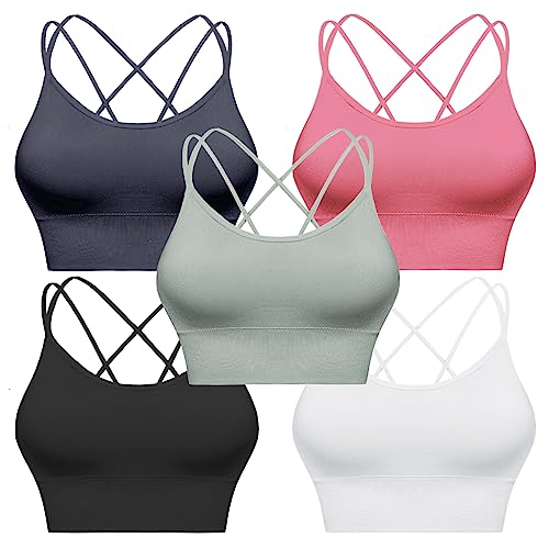 Sykooria Sport BH Damen Gepolstert Bustier Damen BH ohne Buegel Spaghettiträger Cross Back Design Push up BH Sport Bra Top für Yoga Fitness, Schwarz+Dunkelgrau+Weiß+Grün+Rot, S von Sykooria