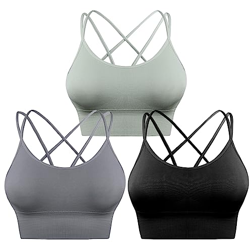 Sykooria Sport BH Damen Gepolstert Bustier Damen BH ohne Buegel Spaghettiträger Cross Back Design Push up BH Sport Bra Top für Yoga Fitness, Schwarz+Grün+Hellgrau, L von Sykooria