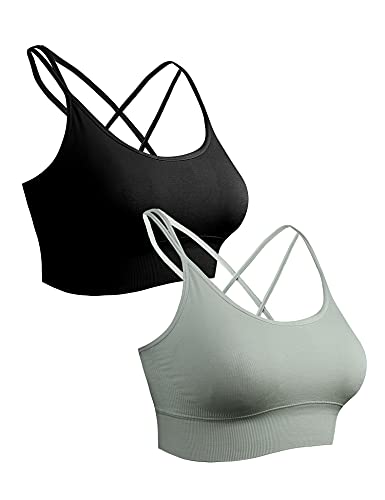 Sykooria Sport BH Damen Gepolstert Bustier Damen BH ohne Buegel Spaghettiträger Cross Back Design Push up BH Sport Bra Top für Yoga Fitness, Schwarz+Grün L von Sykooria