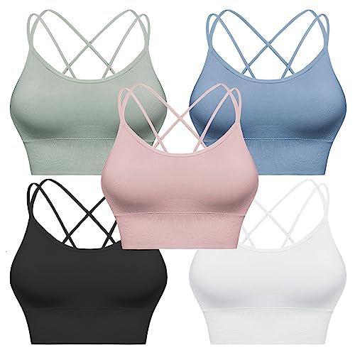 Sykooria Sport BH Damen Gepolstert Bustier Damen BH ohne Buegel Spaghettiträger Cross Back Design Push up BH Sport Bra Top für Yoga Fitness, Schwarz+Hellblau+Weiß+Grün+Nude S von Sykooria