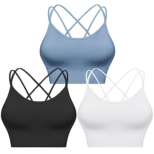 Sykooria Sport BH Damen Gepolstert Bustier Damen BH ohne Buegel Spaghettiträger Cross Back Design Push up BH Sport Bra Top für Yoga Fitness, Schwarz+Hellblau+Weiß M von Sykooria