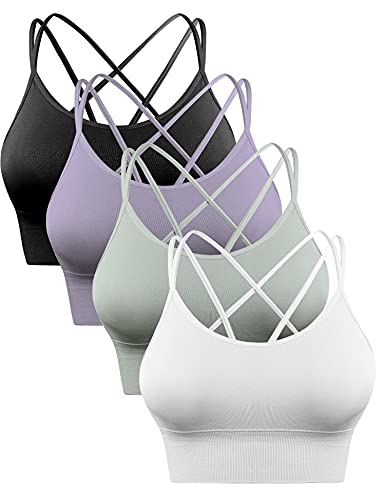 Sykooria Sport BH Damen Gepolstert Bustier Damen BH ohne Buegel Spaghettiträger Cross Back Design Push up BH Sport Bra Top für Yoga Fitness, Schwarz+Violett+Grün+Weiß, L von Sykooria