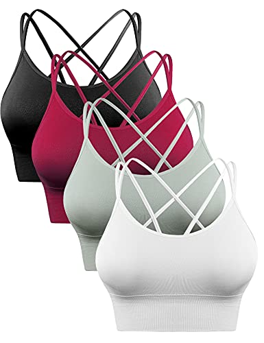 Sykooria Sport BH Damen Gepolstert Bustier Ohne Bügel Spaghettiträger Cross Back Design Push Up Sport Bra Top für Yoga Fitness, Schwarz+Weinrot+Grün+Weiß M von Sykooria