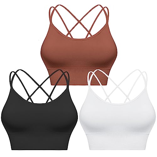 Sykooria Sport BH Damen Gepolstert Bustier Damen BH ohne Buegel Spaghettiträger Cross Back Design Push up BH Sport Bra Top für Yoga Fitness, Schwarz+Weiß+Braun, L von Sykooria