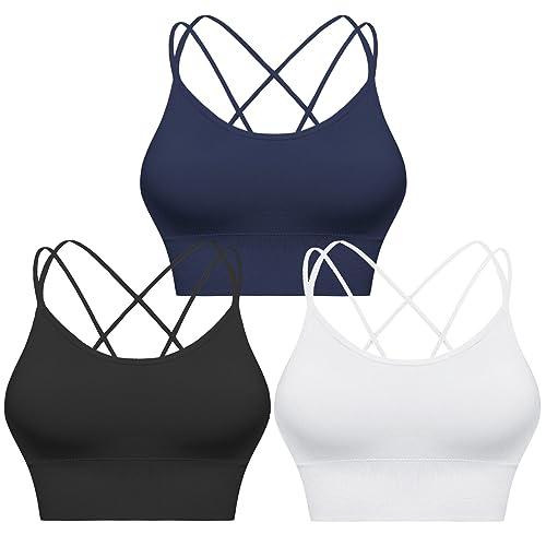 Sykooria Sport BH Damen Gepolstert Bustier Damen BH ohne Buegel Spaghettiträger Cross Back Design Push up BH Sport Bra Top für Yoga Fitness, Schwarz+Weiß+Dunkelblau, L von Sykooria