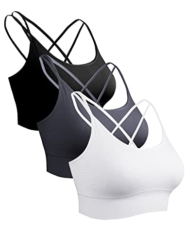 Sykooria Sport BH Damen Gepolstert Bustier Damen BH ohne Buegel Spaghettiträger Cross Back Design Push up BH Sport Bra Top für Yoga Fitness, Schwarz+Weiß+Dunkelgrau, L von Sykooria