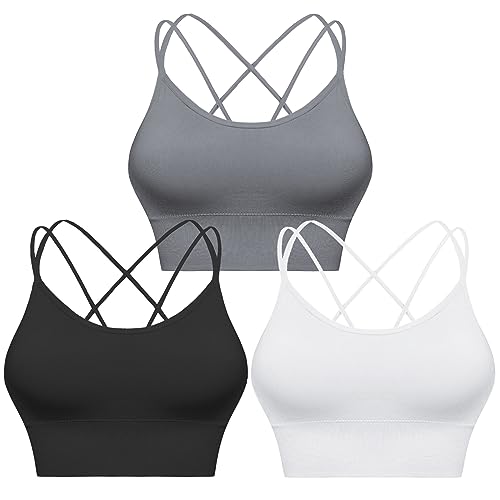 Sykooria Sport BH Damen Gepolstert Bustier Damen BH ohne Buegel Spaghettiträger Cross Back Design Push up BH Sport Bra Top für Yoga Fitness, Schwarz+Weiß+Hellgrau, L von Sykooria