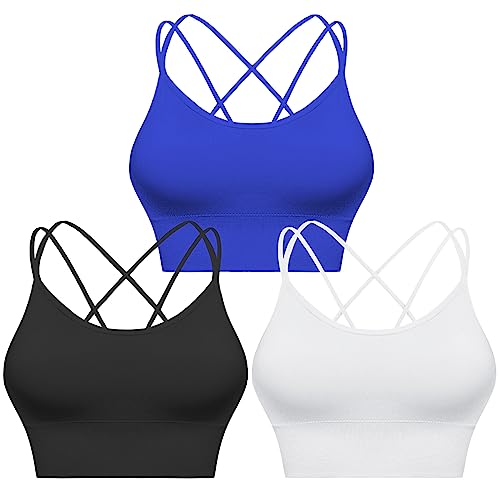 Sykooria Sport BH Damen Gepolstert Bustier Damen BH ohne Buegel Spaghettiträger Cross Back Design Push up BH Sport Bra Top für Yoga Fitness, Schwarz+Weiß+Saphirblau, L von Sykooria