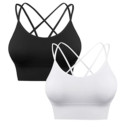 Sykooria Sport BH Damen Gepolstert Bustier Damen BH ohne Buegel Spaghettiträger Cross Back Design Push up BH Sport Bra Top für Yoga Fitness, Schwarz+Weiß, S von Sykooria