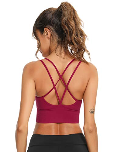 Sykooria Sport BH Damen Gepolstert Bustier Damen BH ohne Buegel Spaghettiträger Cross Back Design Push up BH Sport Bra Top für Yoga Fitness, Weinrot L von Sykooria