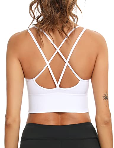 Sykooria Sport BH Damen Gepolstert Bustier Damen BH ohne Buegel Spaghettiträger Cross Back Design Push up BH Sport Bra Top für Yoga Fitness, Weiß L von Sykooria