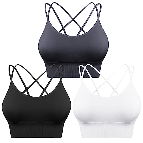 Sykooria Sport-BH für Damen, sexy, überkreuzt, für Yoga, Laufen, Athletisch, Fitnessstudio, Workout, Fitness, Tank-Top, 3 Stück, 3er-Pack - schwarz+weiß+dunkelgrau, Large von Sykooria