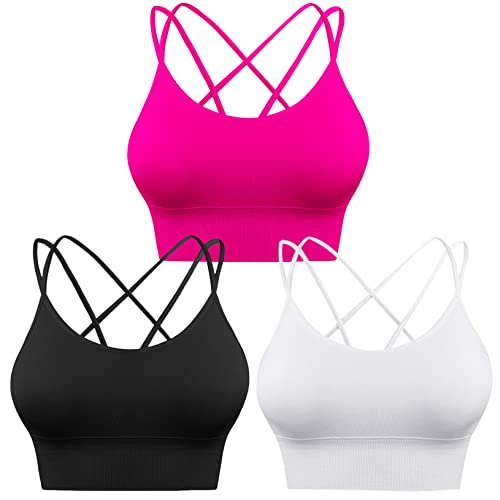 Sykooria Sport-BH für Damen, sexy, überkreuzt, für Yoga, Laufen, Athletisch, Fitnessstudio, Workout, Fitness, Tank-Top, 3 Stück, 3er-Pack - schwarz + weiß + Hot Pink, Medium von Sykooria