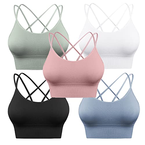 Sykooria Sport-BH für Damen, sexy, überkreuzt, für Yoga, Laufen, Athletisch, Fitnessstudio, Workout, Fitness, Tank-Top, 3 Stück, 5er-Pack - schwarz+weiß+blau+grün+hautfarben, Medium von Sykooria