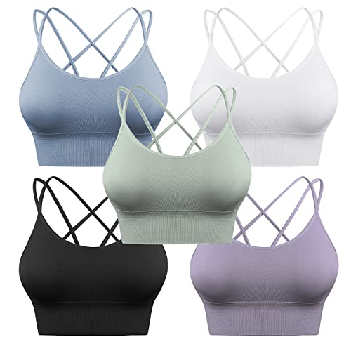 Sykooria Sport-BH für Damen, sexy, überkreuzt, für Yoga, Laufen, Athletisch, Fitnessstudio, Workout, Fitness, Tank-Top, 3 Stück, 5er-Pack - schwarz + weiß + blau + grün + lila, Medium von Sykooria