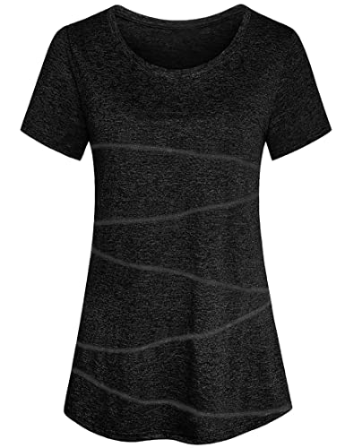 Sykooria Sport T-Shirt Damen Kurzarm T Shirt Frauen Rundhals Funktionsshirt Workout Longshirt Laufen Yoga Fitness Gym Oberteile Tops, Schwarz 3XL von Sykooria