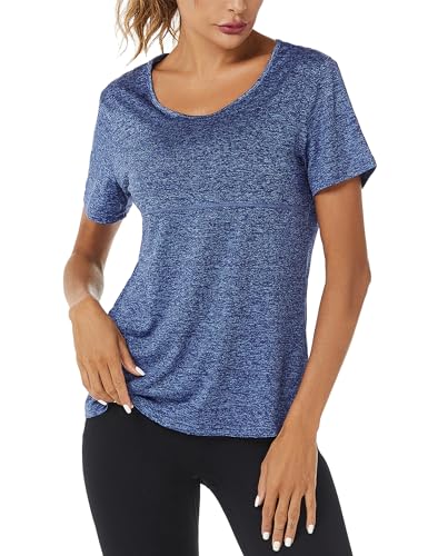 Sykooria Sportshirt Damen Kurzarm Rundhals Laufshirt Fitness Gym T-Shirt Funktionsshirt Atmungsaktiv Shortsleeve Yoga Oberteile Top, Dunkelblau L von Sykooria