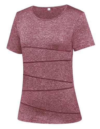 Sykooria Sportshirt Damen Kurzarm Rundhals Laufshirt Fitness Gym T-Shirt Funktionsshirt Atmungsaktiv Shortsleeve Yoga Oberteile Top, Rotwein L von Sykooria