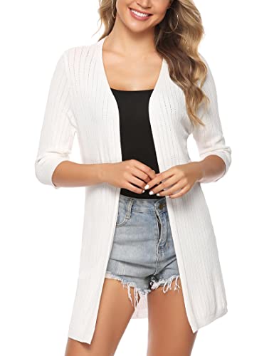 Sykooria Strickjacke Damen Sommer Lang Casual 3/4 Ärmel Leichte Cardigan Elegant Drapierte Strickjacken Dünne Strick Cardigan,Weiß L von Sykooria