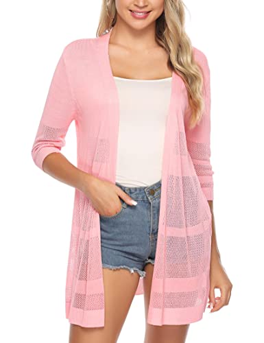 Sykooria Strickjacke Damen Sommer Lang Leichte Casual Elegant Weich Drapierte 3/4 Ärmel Strick Cardigan Sweater,Rosa XL von Sykooria