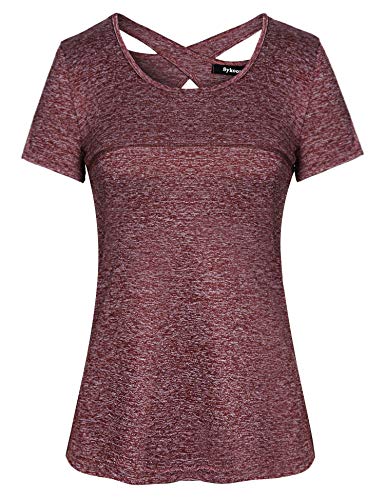 Sykooria Damen Sport Fitness T-Shirt Kurzarm Rundhals Laufshirt Trainingsshirt Leicht Atmungsaktiv Shortsleeve Gym Fitness Yoga Tops, Weinrot S von Sykooria