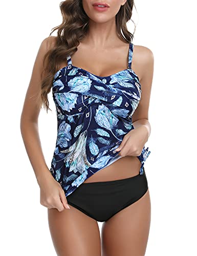 Sykooria Zweiteilige Tankini Sets Damen Bikini Sets Badeanzug Elegante Bademode 2 Stücke Beachwear Mit Top und Badeshorts Bauchweg, Blau XXL von Sykooria