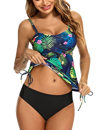 Sykooria Tankini Damen Badeshorts Set Bauchweg Badeanzug Oberteil mit Bikinislip Zweiteilig Push Up Soft Cups Bademode Sexy, Grünblättriger Papagei S von Sykooria