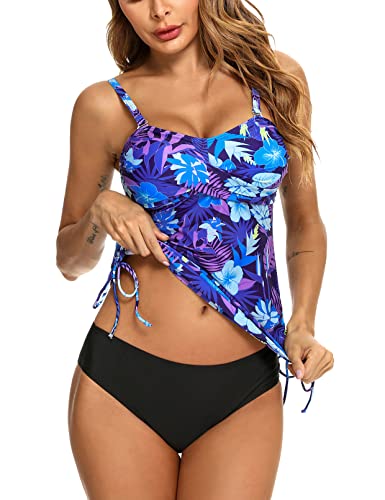 Sykooria Tankini Damen Bauchweg Bademode Set Sommer Zweiteilig Push up mit Einstellbarer Tankini Top Soft Cups Bikinislip Zweiteiler, Lila Blaue Blume M von Sykooria